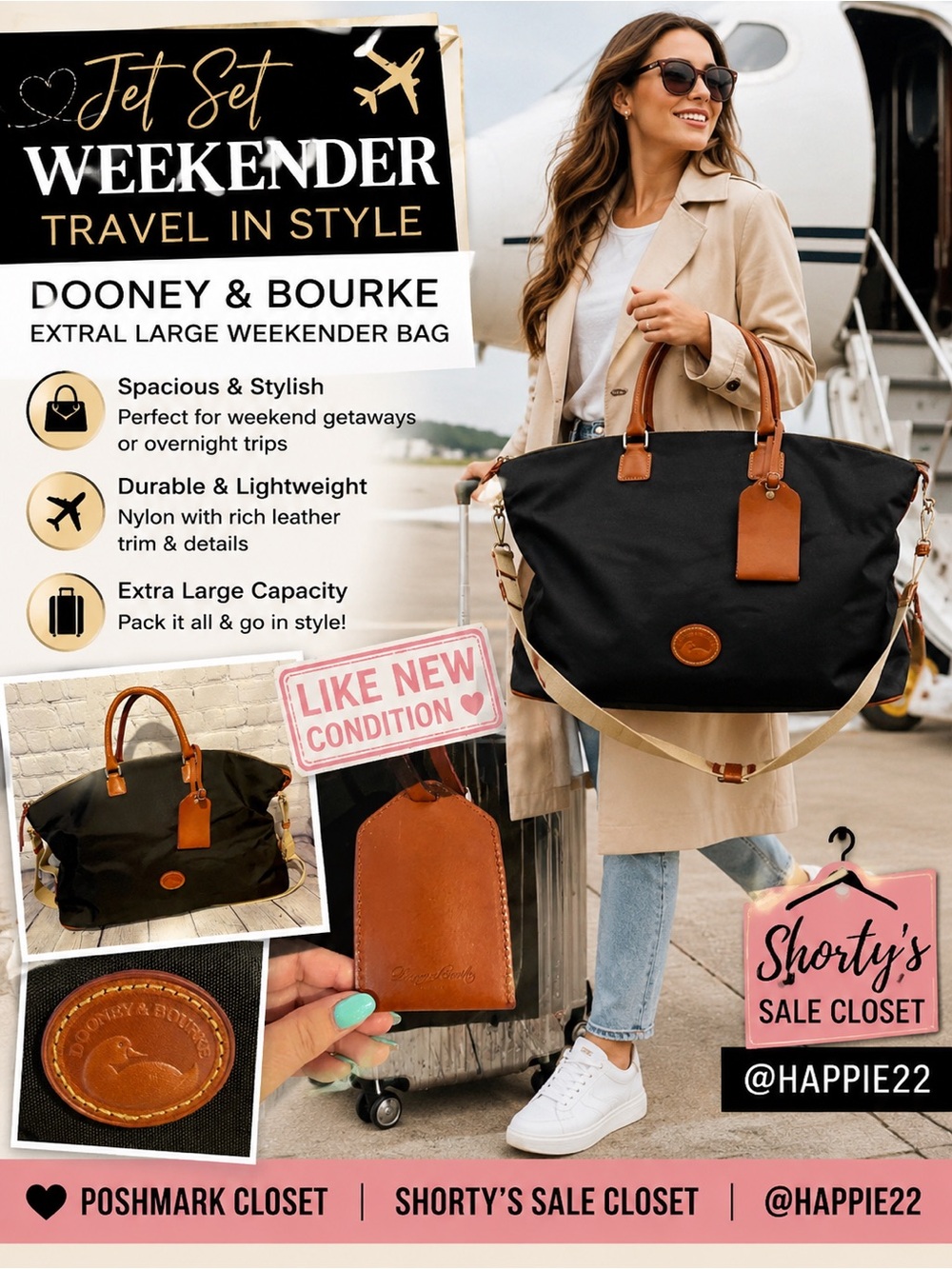 Dooney & Bourke Black Nylon Travel Weekender with British Tan Leather Trim
